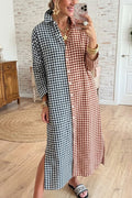 Plaid Colorblock Button Shirt Maxi Dress