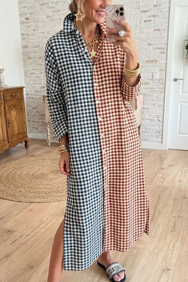 Plaid Colorblock Button Shirt Maxi Dress