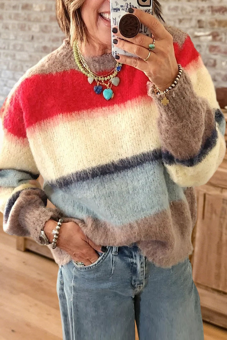 Striped Fuzzy Crewneck Sweater