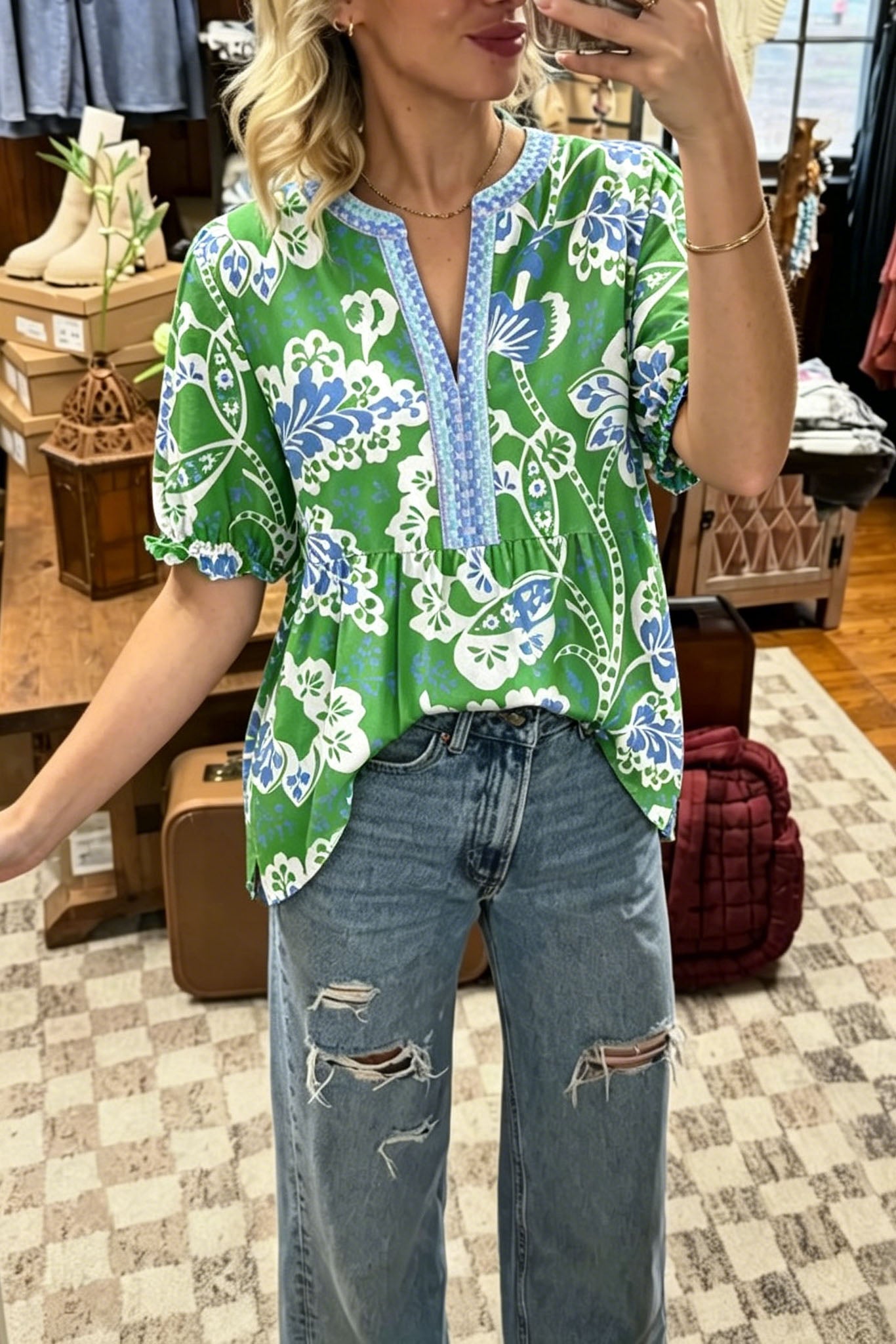 Boho Floral Print V-Neck Top