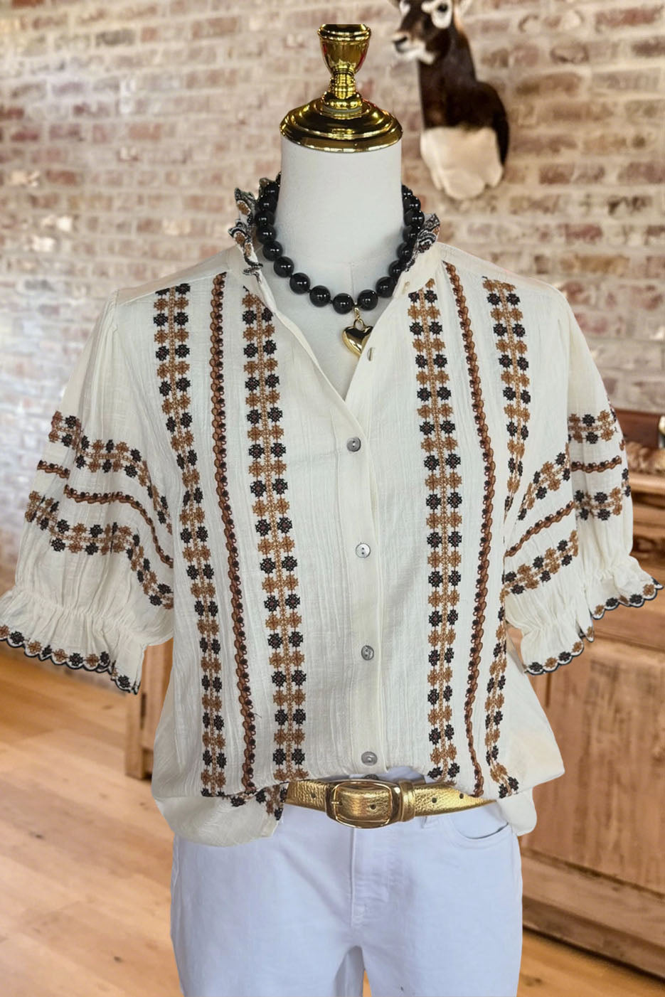 Boho Embroidered Ruffle Sleeve Blouse