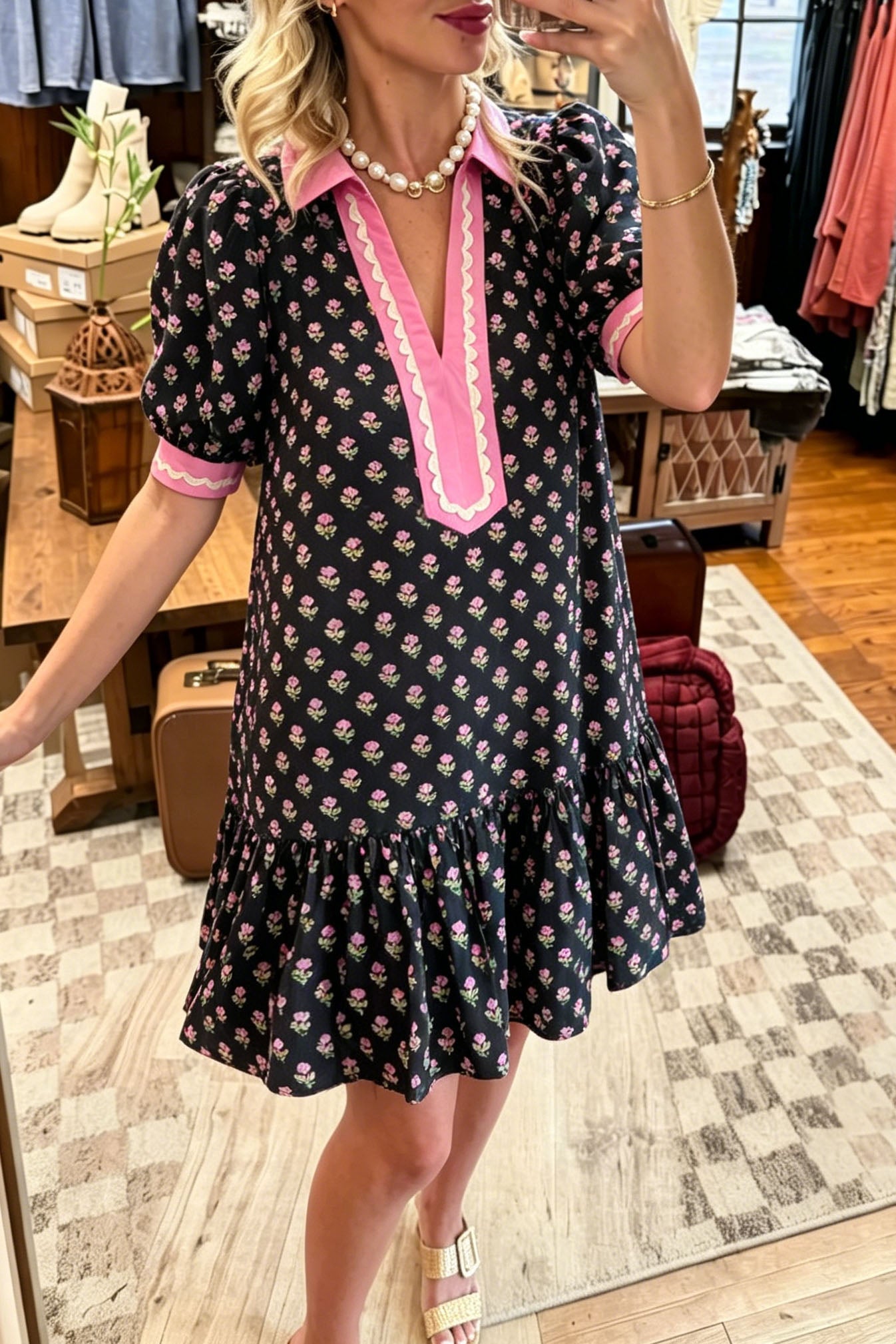 Floral Color-Block Puff Sleeves Dress
