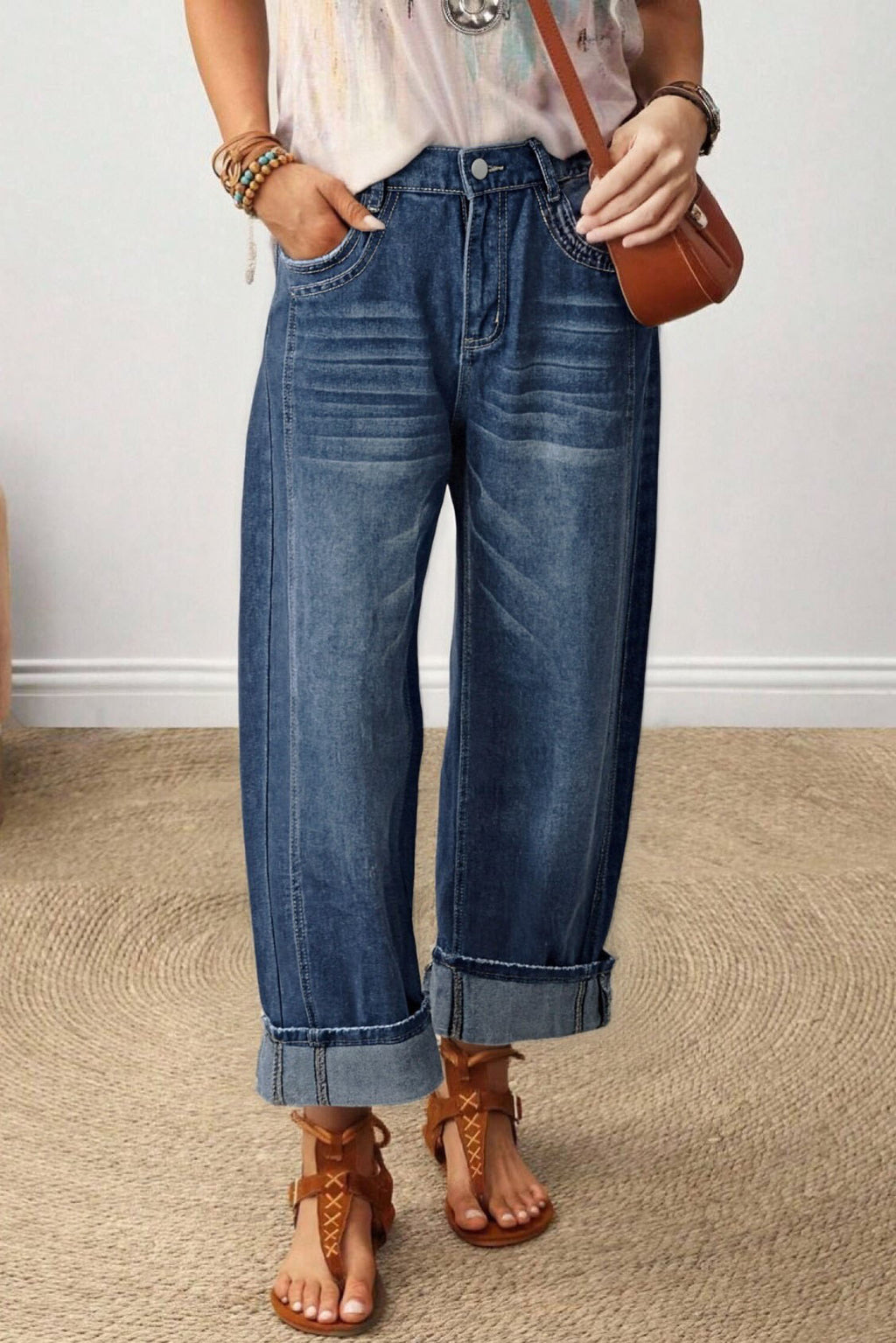 High Rise Wide Leg Cuffed Jeans