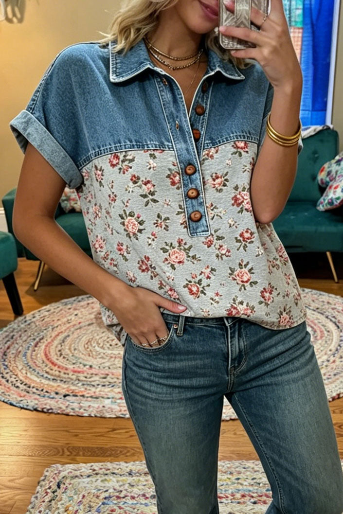 Floral Patchwork Denim Collar Shirt