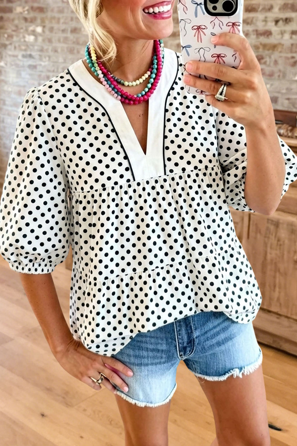 Polka Dot V-Neck Puff Sleeve Blouse