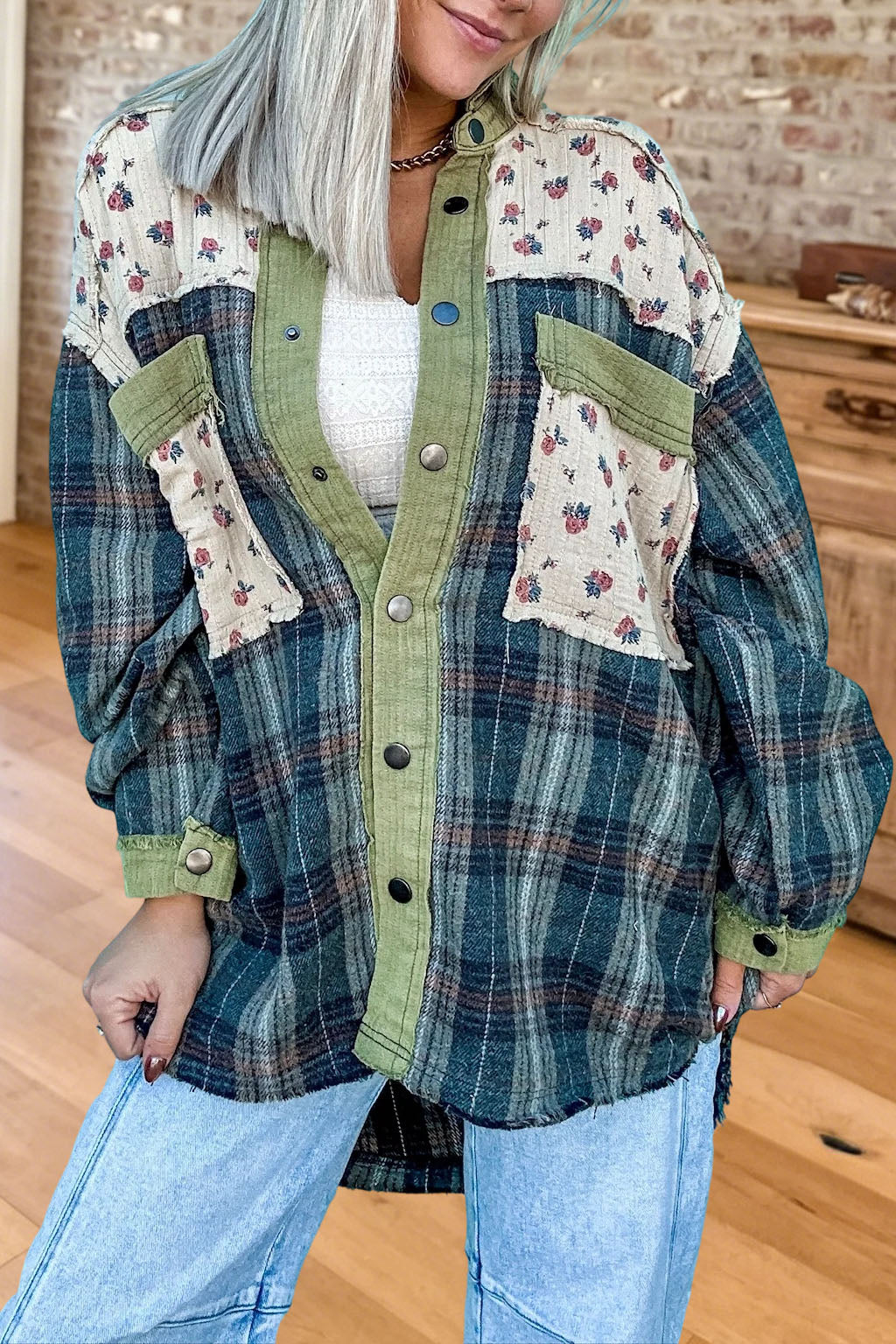 Floral Plaid Patchwork Button Shacket