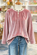 Velvet Pleated V-Neck Pearl Embellishment Top