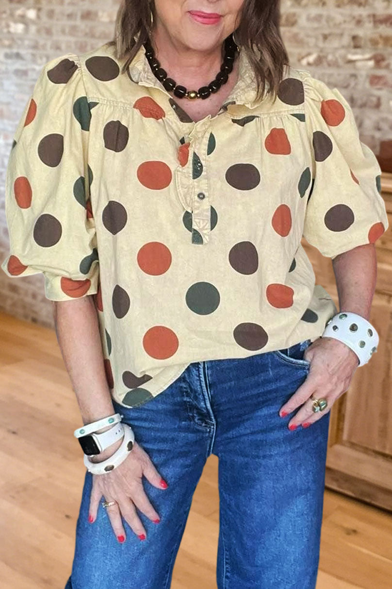 Polka Dot Puff Sleeve V Neck Blouse