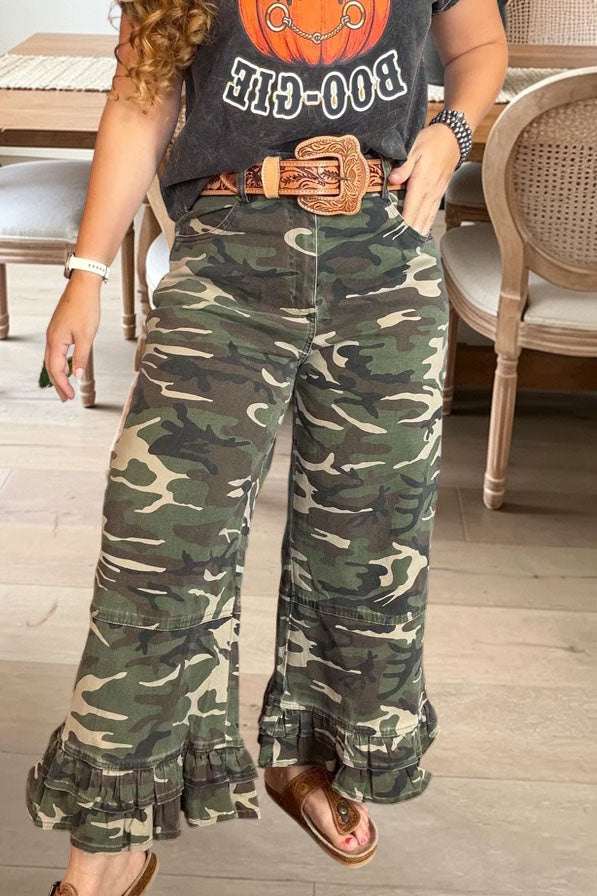 Ruffled Hem Camo Wide Leg Pants