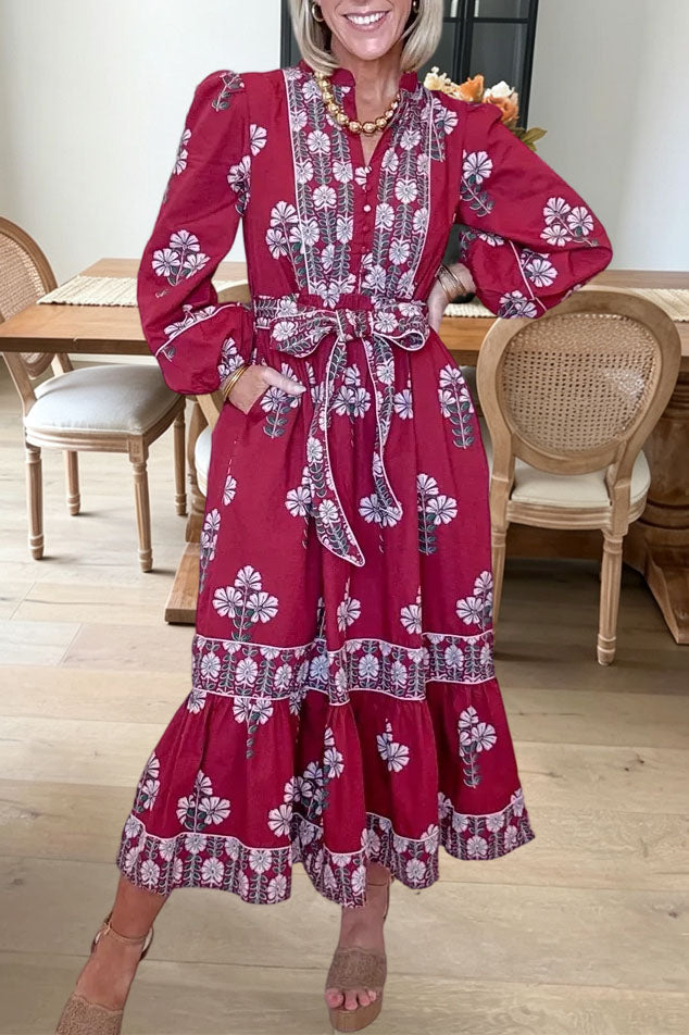 Floral Print Belted Tiered Maxi Dress