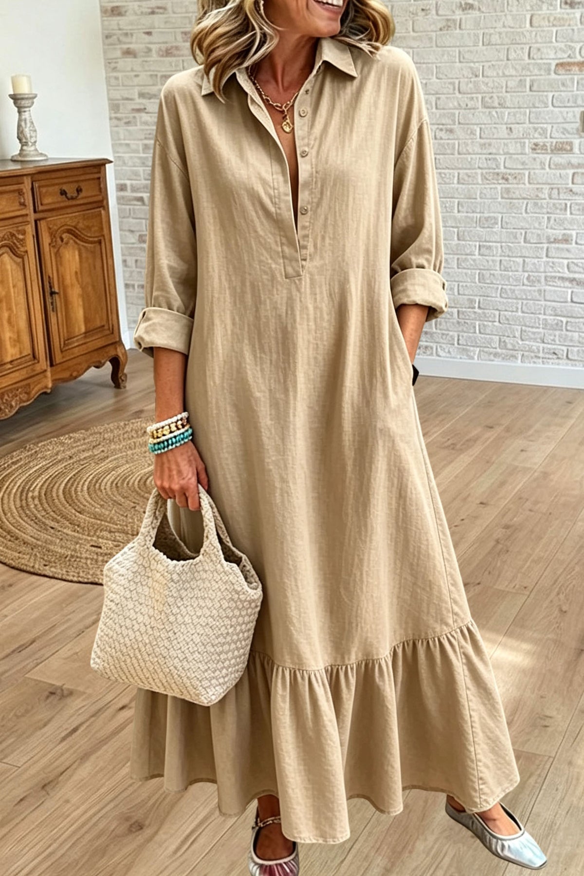 Long Sleeve Tiered Shirt Maxi Dress