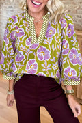 Floral Print V Neck Puff Sleeve Blouse