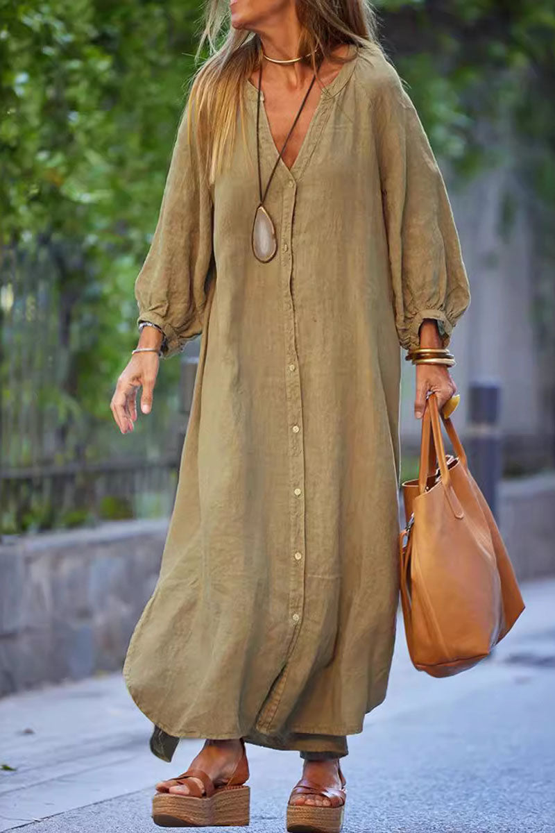 V-Neck Button Maxi Shirt Dress