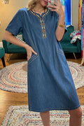 Embroidered Denim Short Sleeve Dress