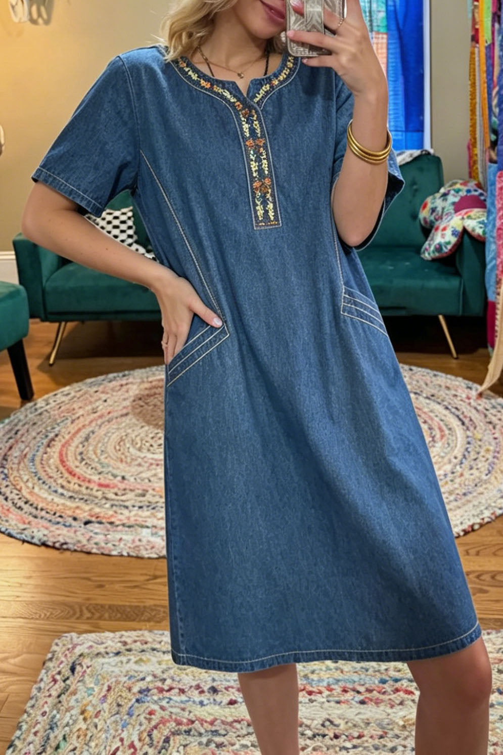 Embroidered Denim Short Sleeve Dress