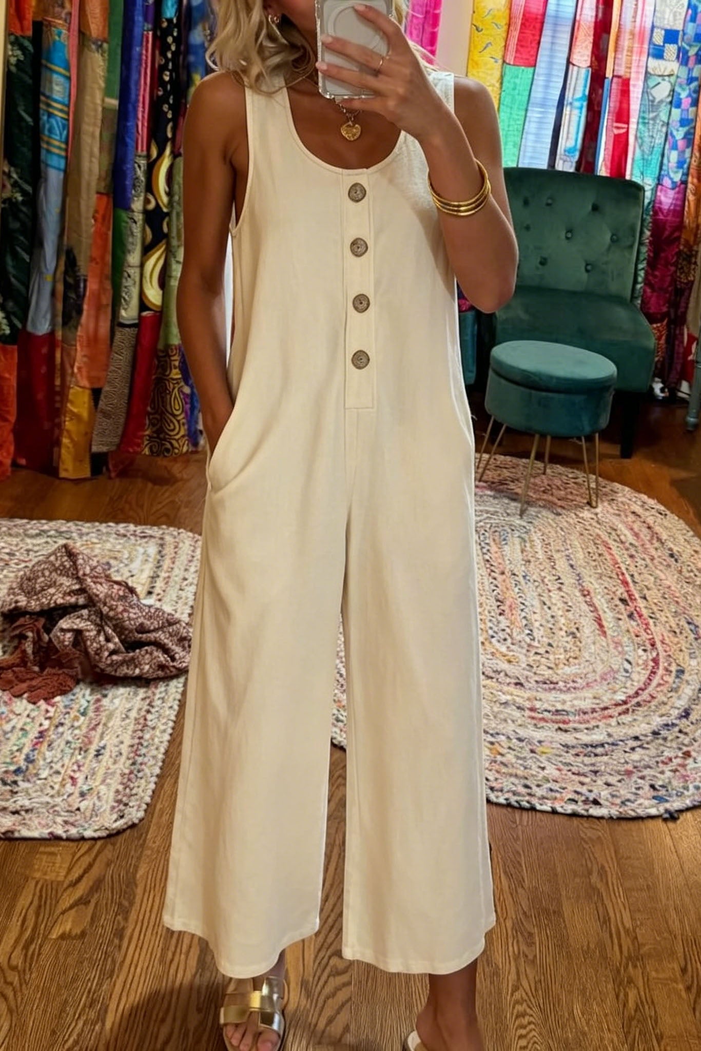 Button Sleeveless Wide Leg Jumpsuit