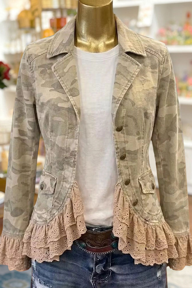 Camo Ruffle Lace Trim Casual Jacket