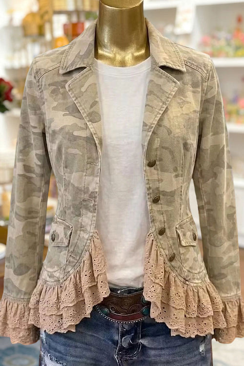 Camo Ruffle Lace Trim Casual Jacket