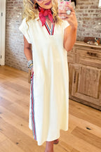 Striped Trim V-Neck Midi Dress