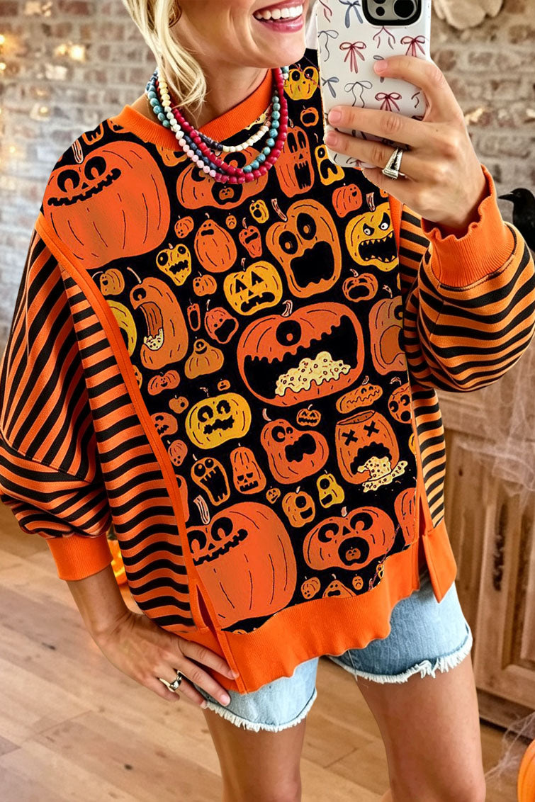 Pumpkin Print Striped Sweatshirt