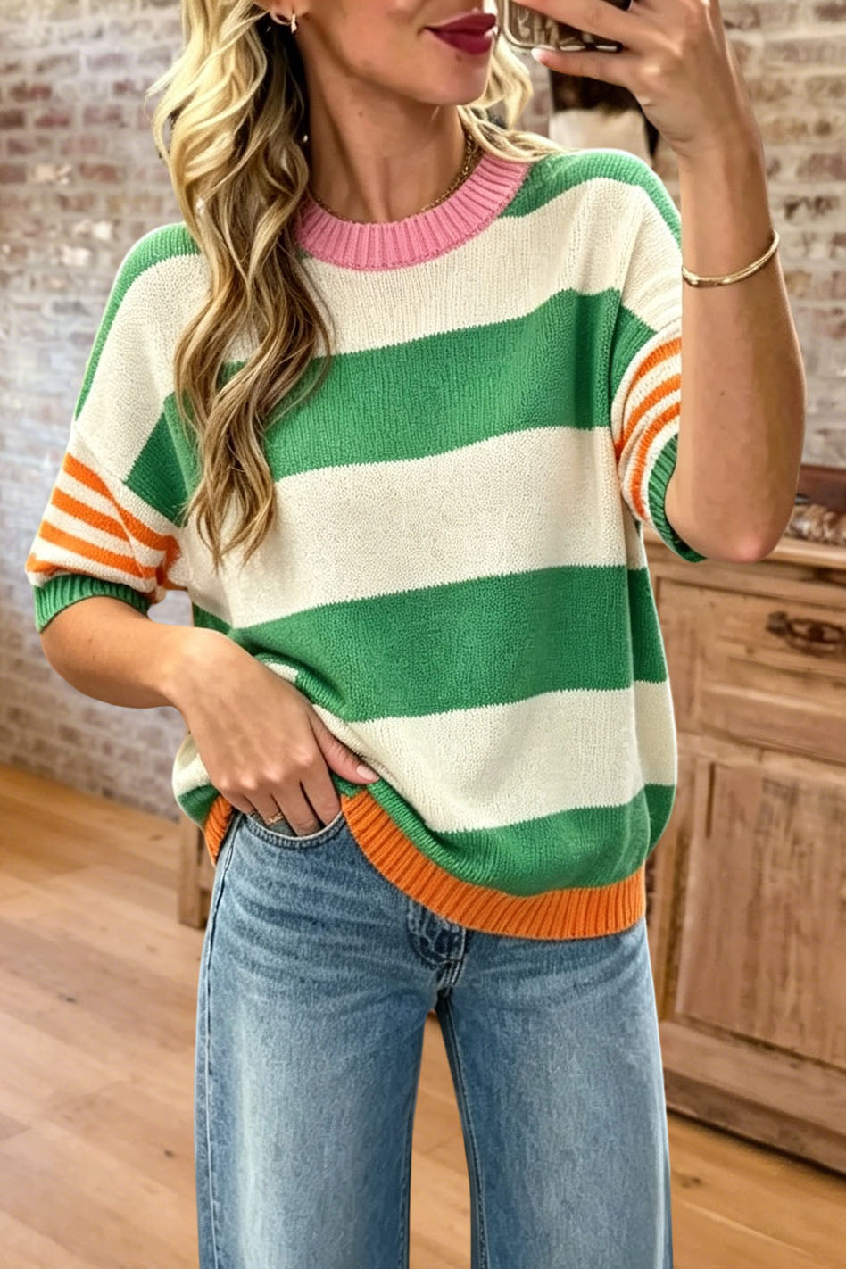 Striped Crewneck Short Sleeve Sweater