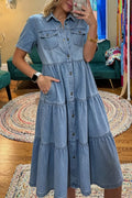 Tiered Button Front Denim Maxi Dress