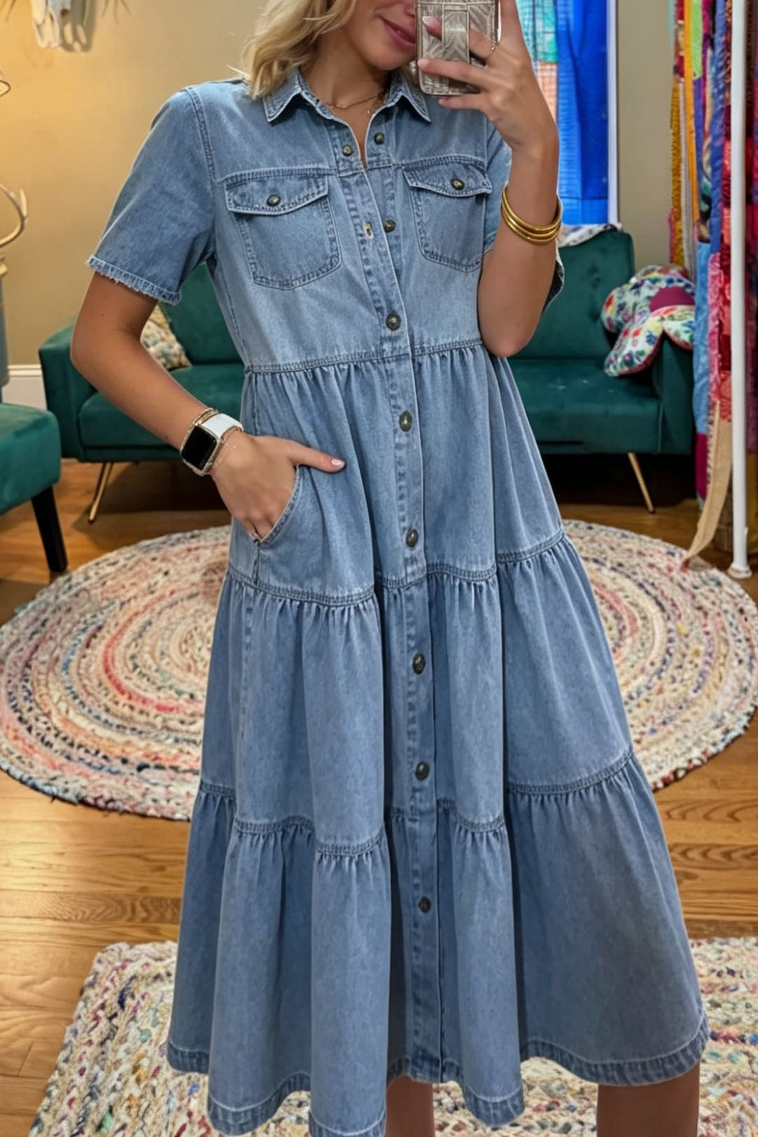 Tiered Button Front Denim Maxi Dress
