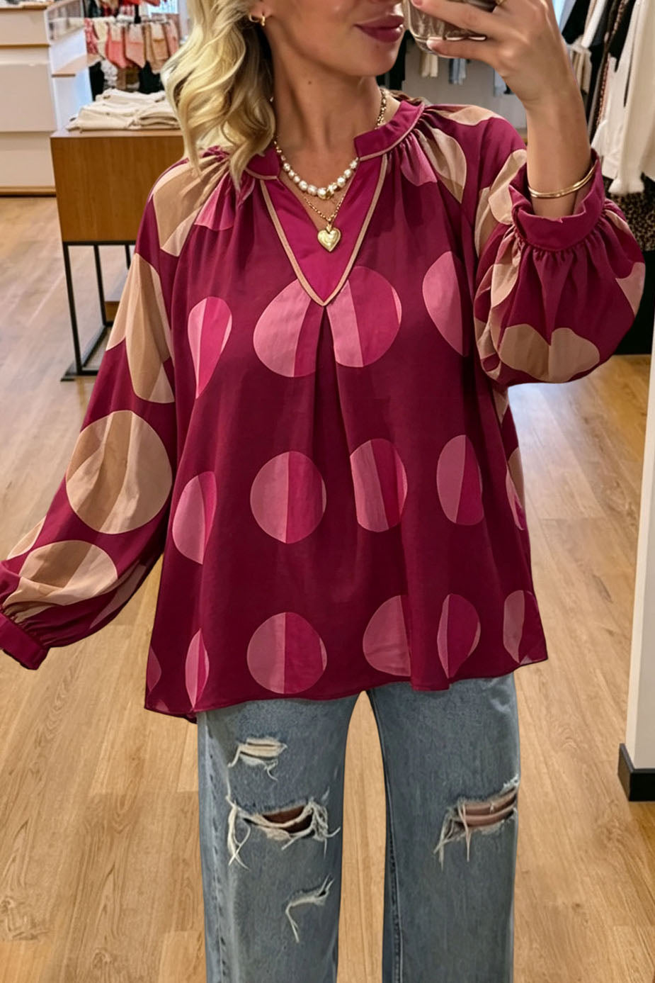 Geometric Print V Neck Blouse