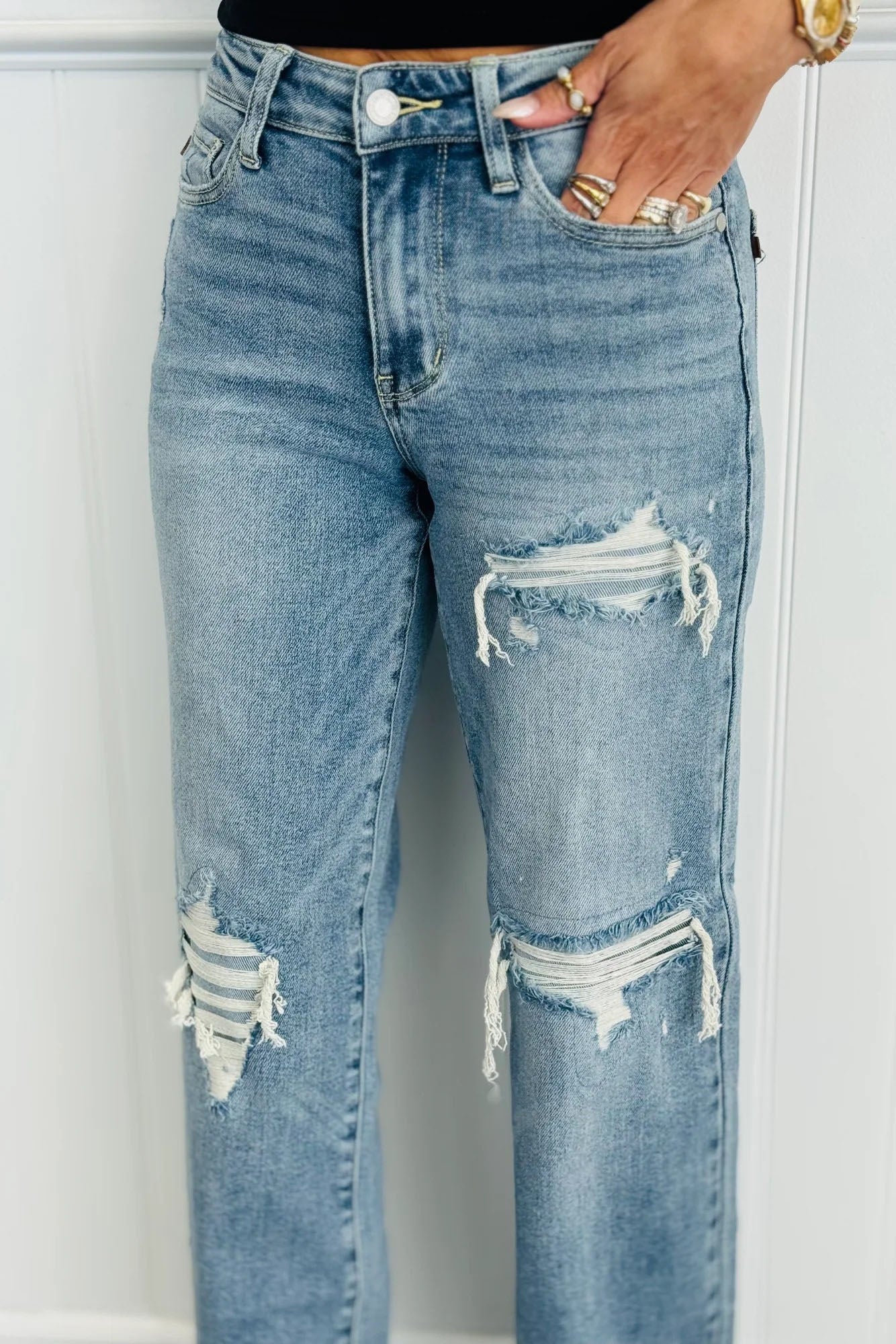 High Waist Ripped Straight Leg Jeans