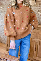 Polka Dot Pom Lantern Sleeve Sweater