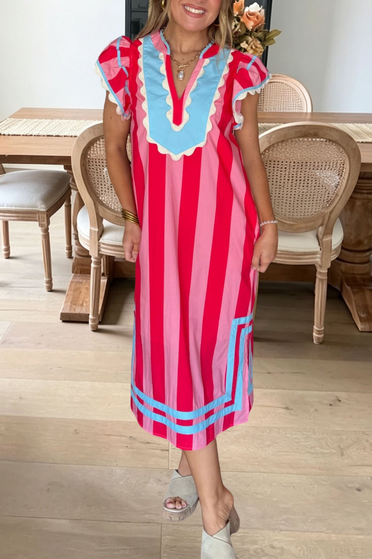 Striped Scalloped Flutter Sleeve Dress