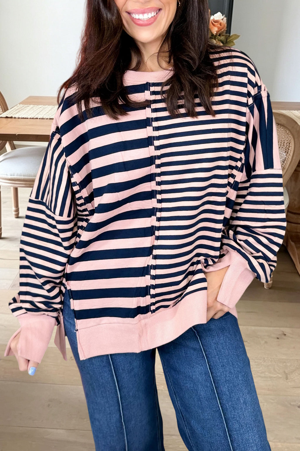Striped Seam Detail Crewneck Top