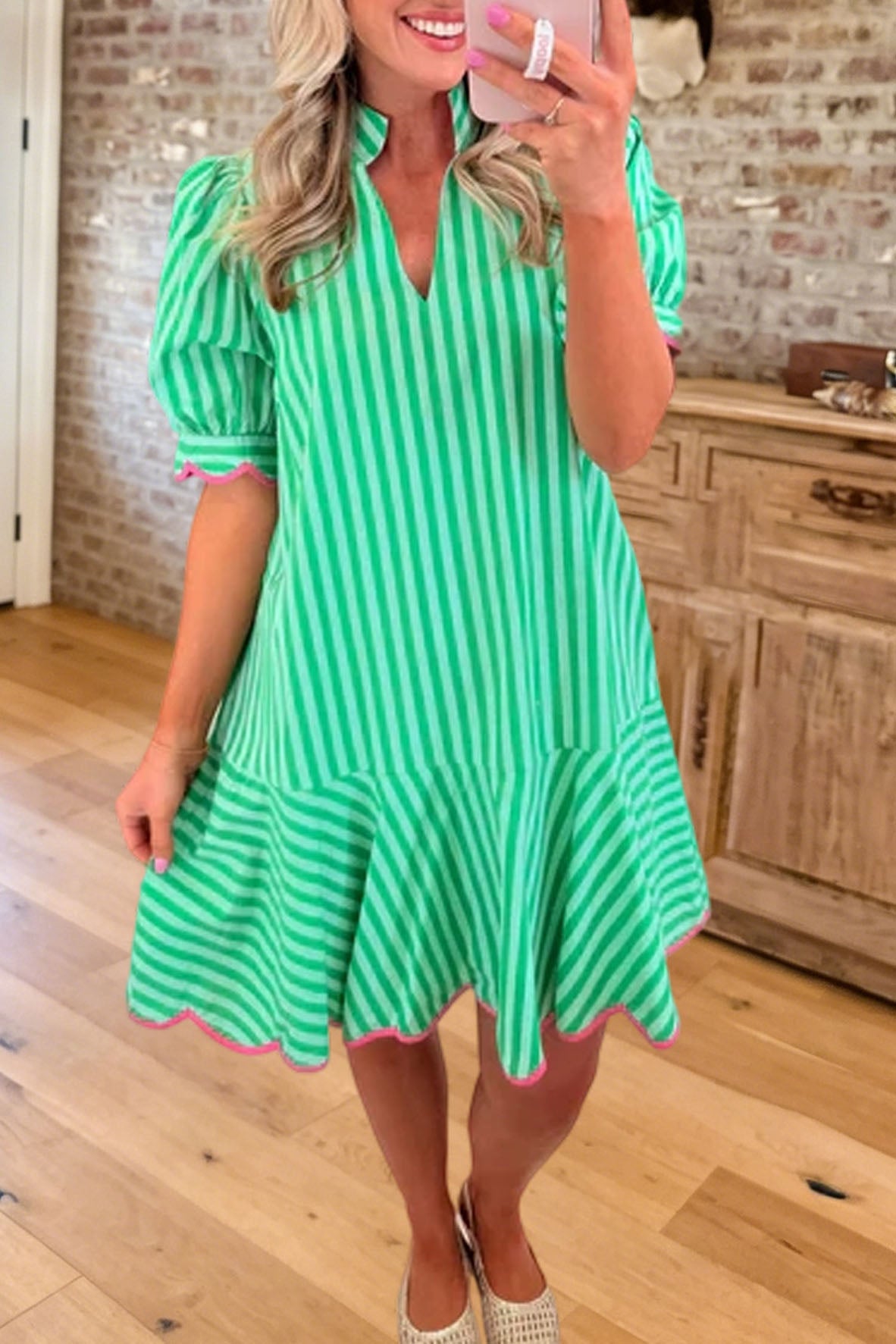 Striped Scallop Trim Puff Sleeve Dress
