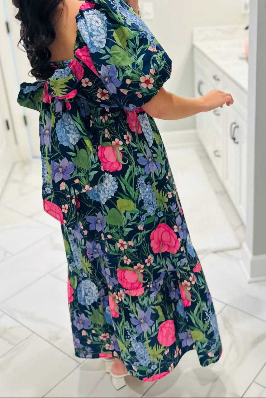 Floral Square Neck Puff Sleeve Maxi Dress