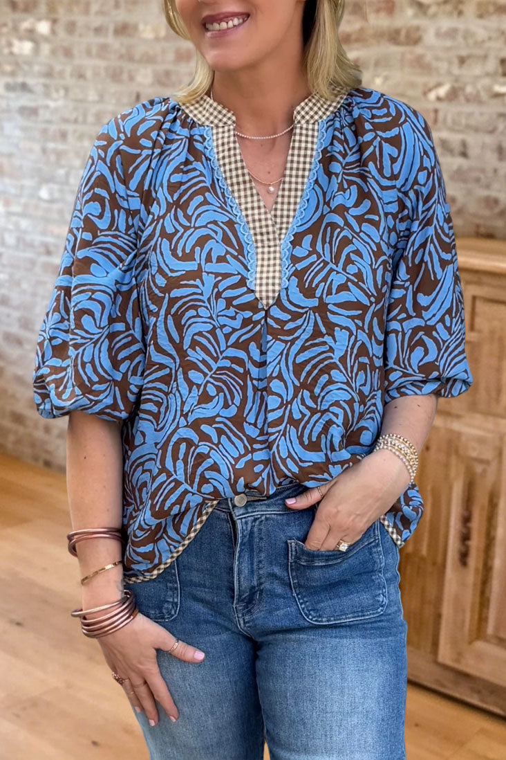 Printed V Neck Puff Sleeve Blouse