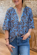 Printed V Neck Puff Sleeve Blouse