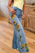 Sunflower Embroidered Wide Leg Jeans