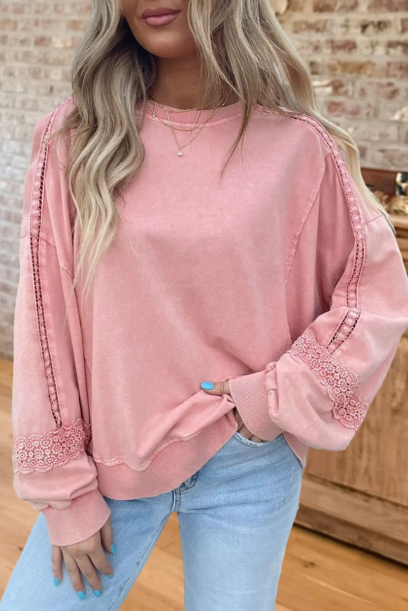 Casual Lace Crochet Trim Sweatshirt