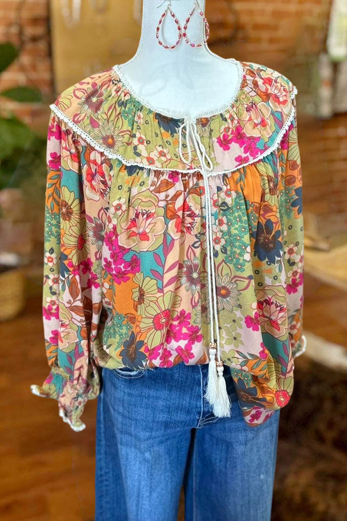Floral Tie Neck Tassel Trim Blouse