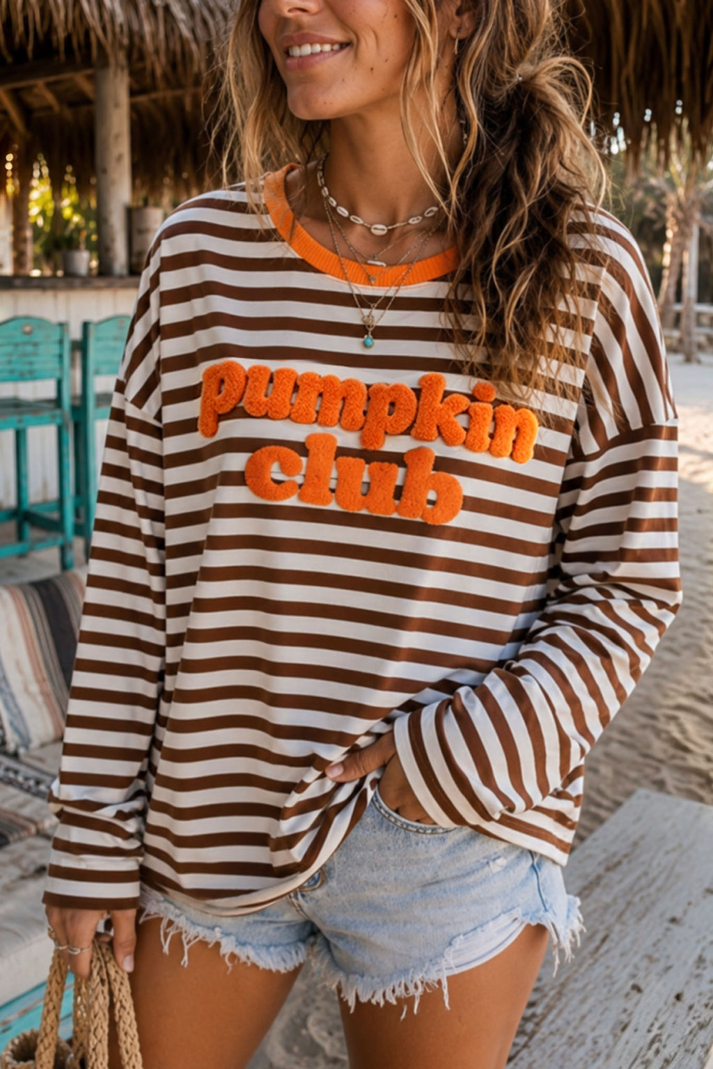 Striped Pumpkin Club Embroidery Sweatshirt