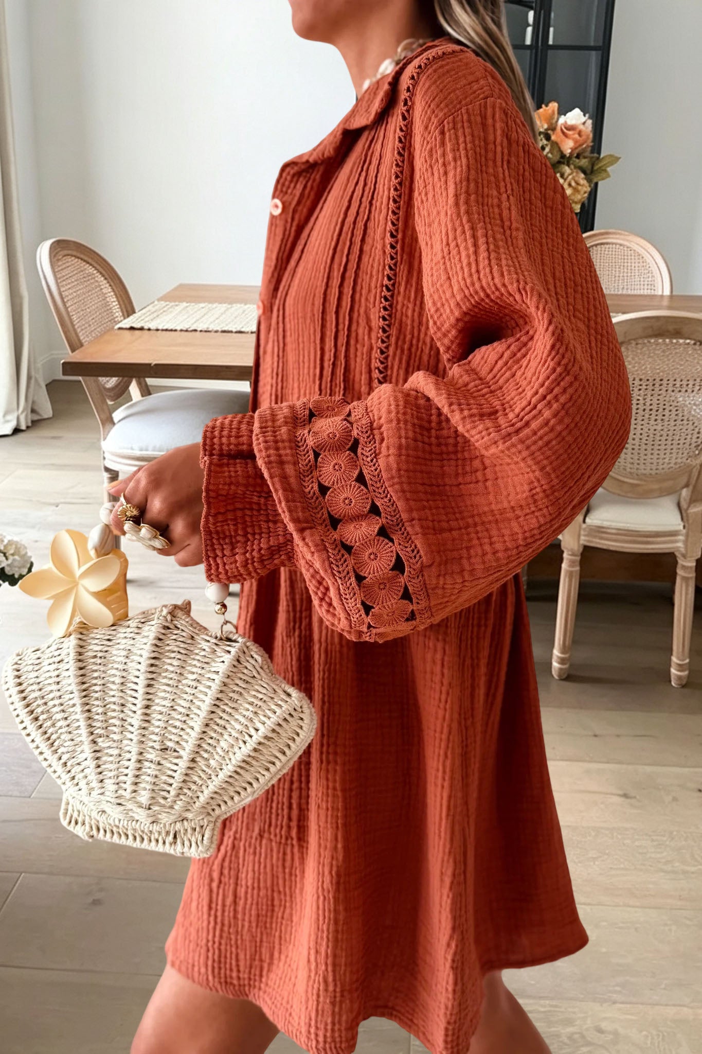 Textured Crochet Trim Shirt Dress