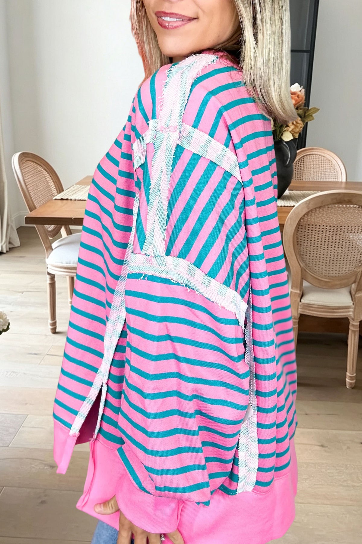 Striped Frayed Colorblock Sweatshirt