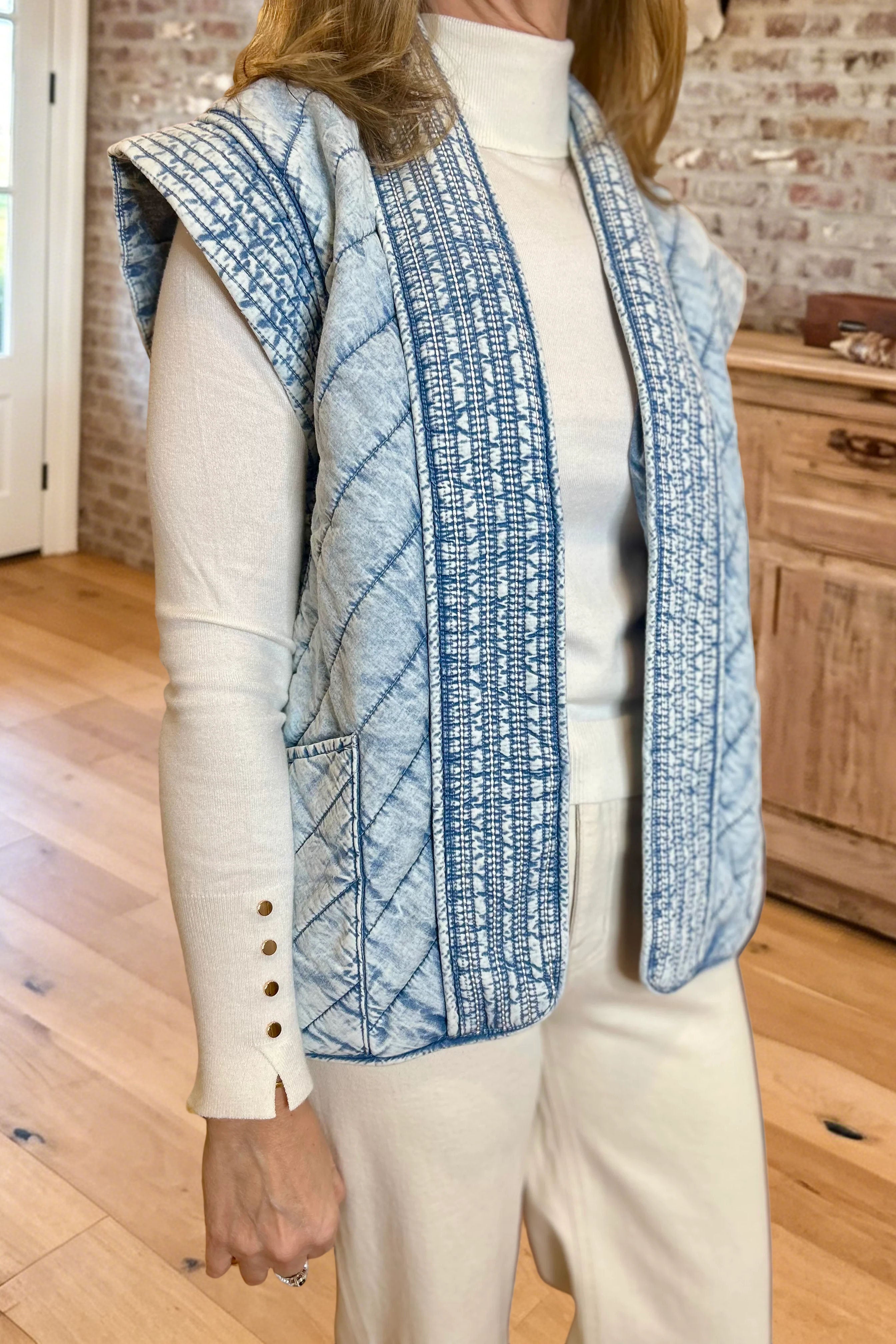 Quilted Denim Open Front Vest