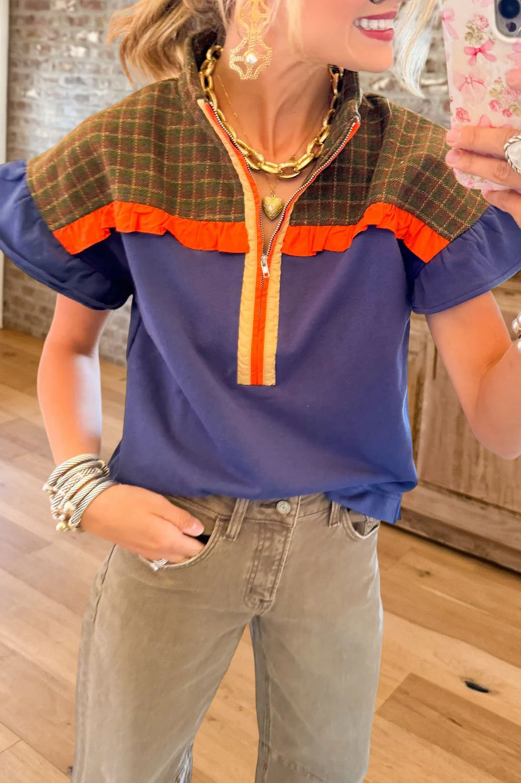Plaid Zip Flutter Sleeve Top
