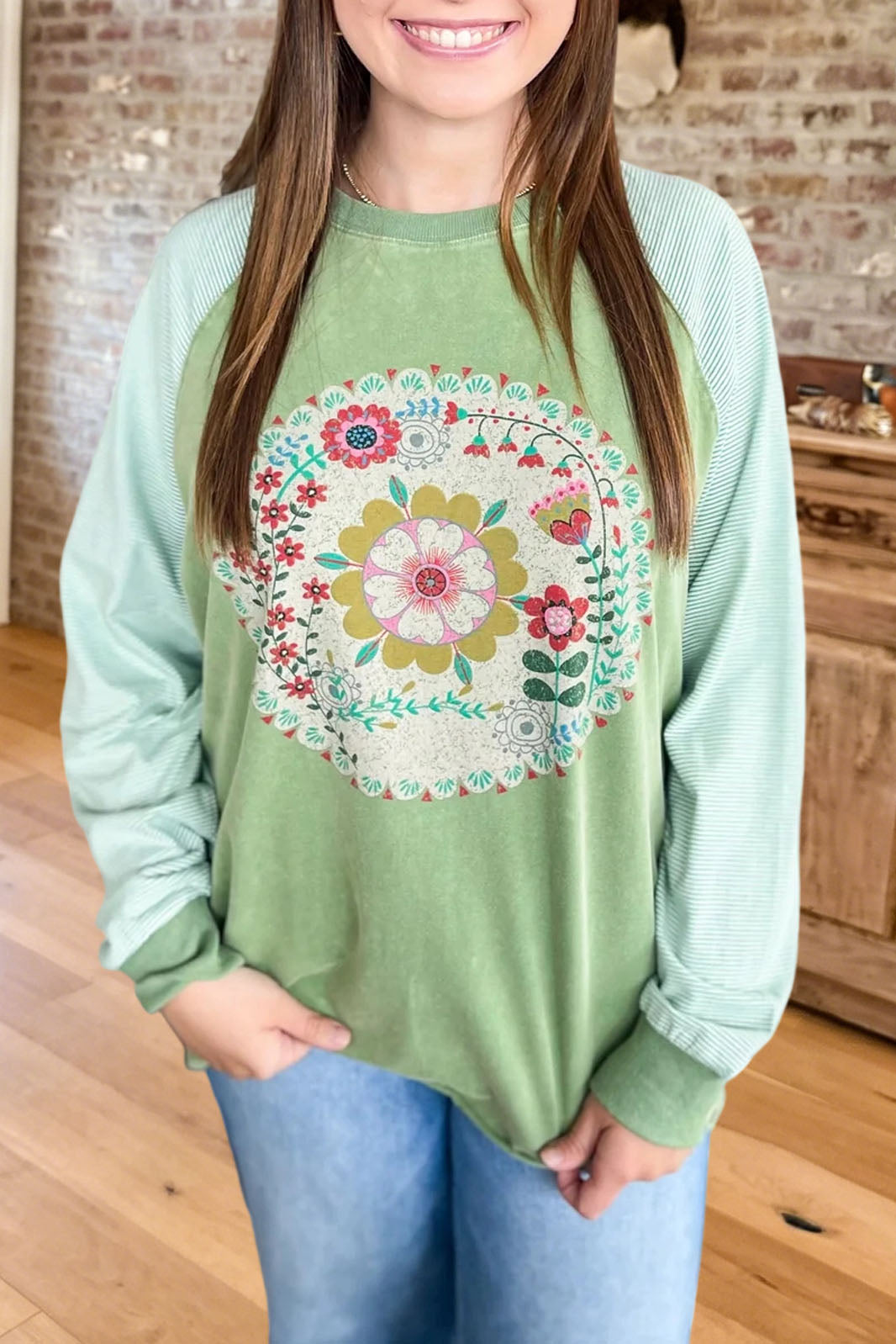 Floral Print Striped Raglan Sweatshirt