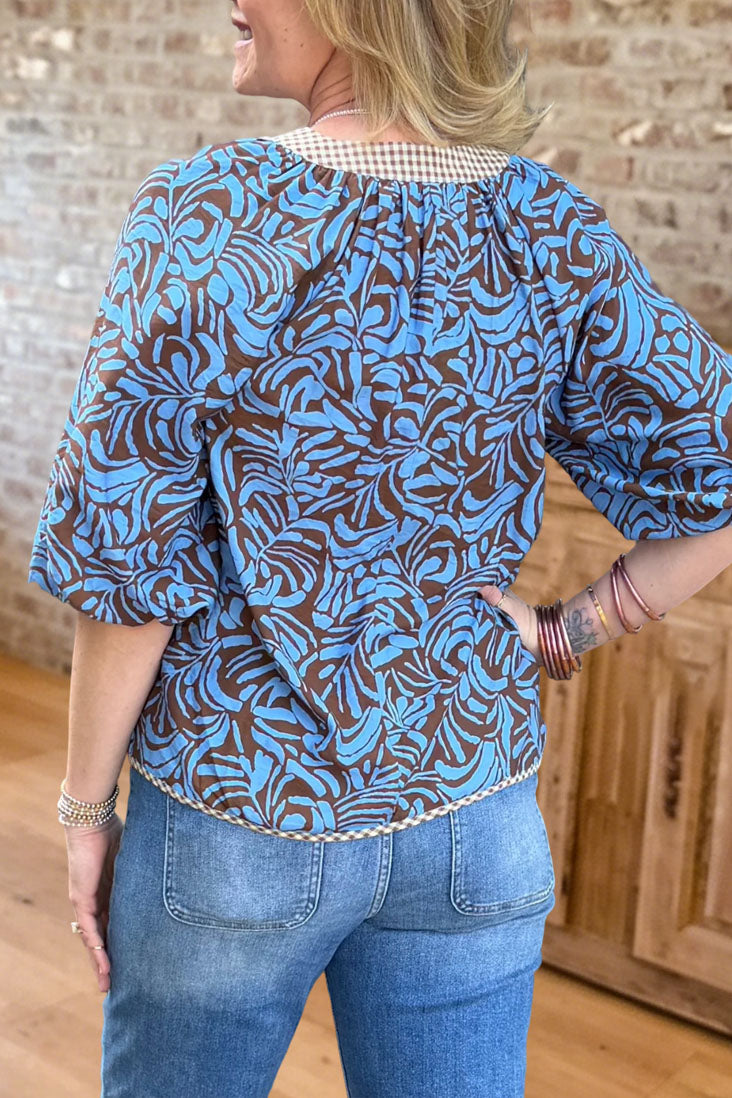 Printed V Neck Puff Sleeve Blouse