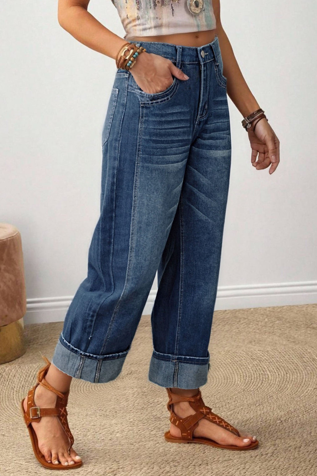 High Rise Wide Leg Cuffed Jeans
