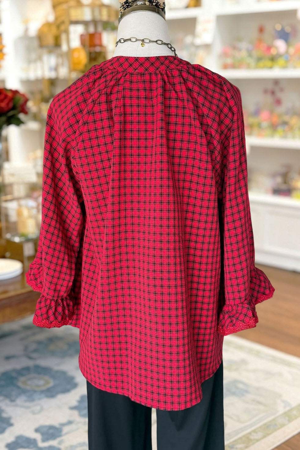 Plaid Ruffle Sleeve Lace Trim Blouse