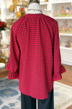 Plaid Ruffle Sleeve Lace Trim Blouse