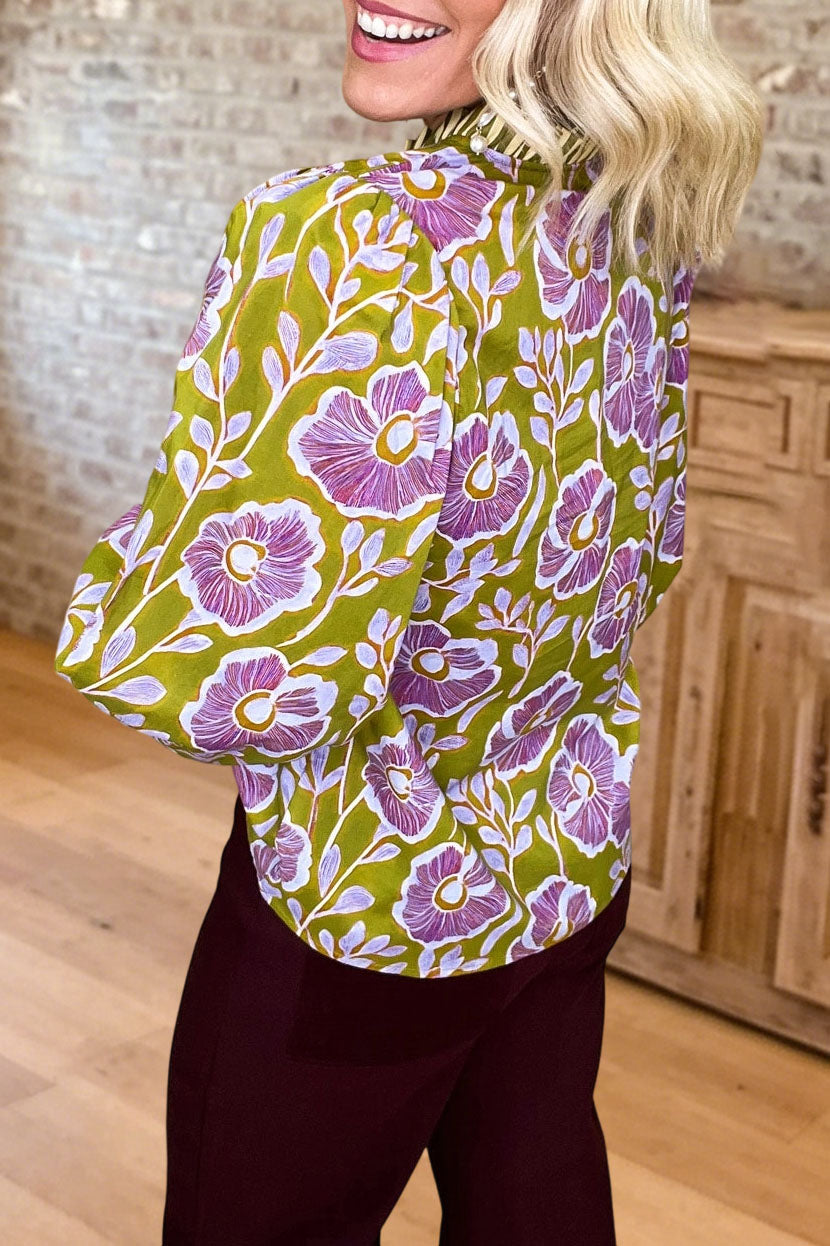 Floral Print V Neck Puff Sleeve Blouse